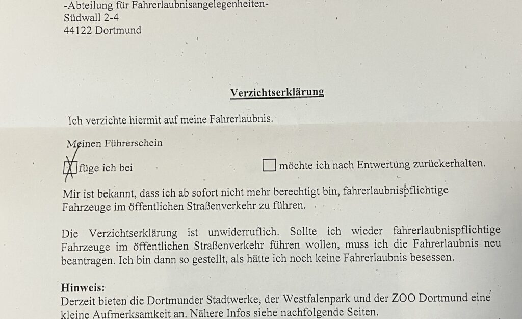 Ausschnitt aus der Bescheinigung zur Führerscheinabgabe